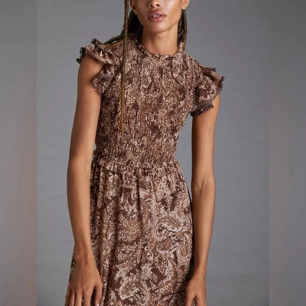 Moon River Smocked midi dress paisley ruffles embroidered anthropologie tiered - Picture 7 of 7